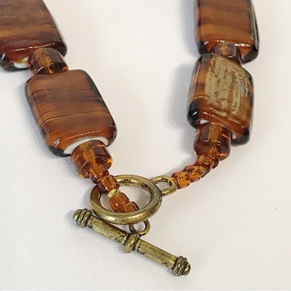 Art Glass Root Beer Tiger Stripe Chunky Cube Rectangle Beaded Anklet Toggle - Picture 4 of 13